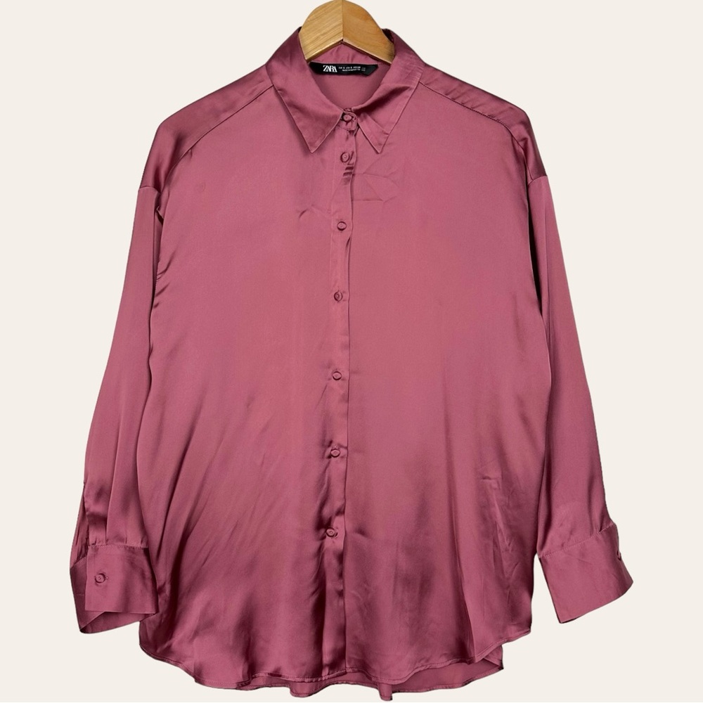 ZARA Satin Effect Oversized Loose Collared Button Down Dolman Sleeve Blouse Pink - Picture 5 of 14